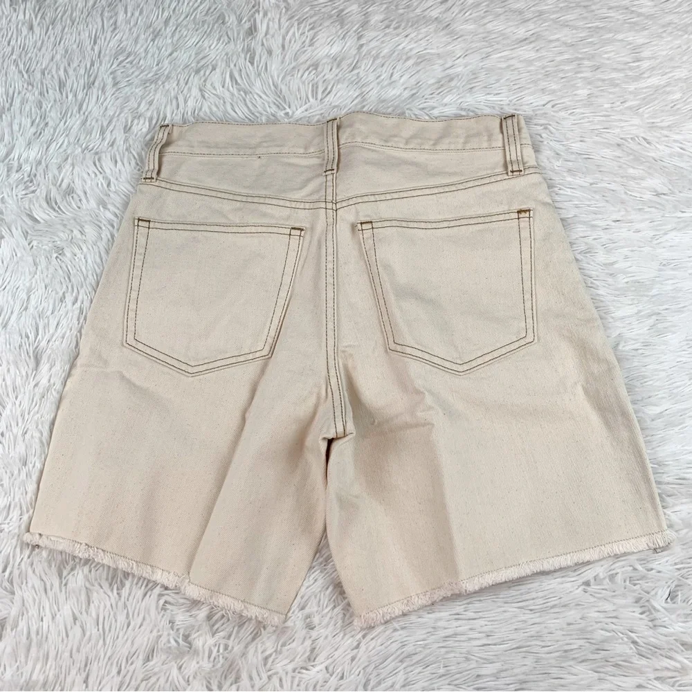 J Crew Hi rise Mid-length denim Bermuda short‎ in ecru frayed hem